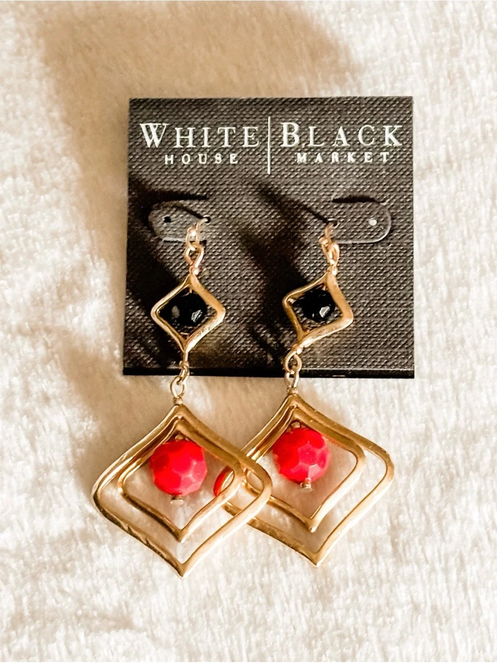 NWT! White House Black Market Gold Drop Earrings with Pink and Black Accents